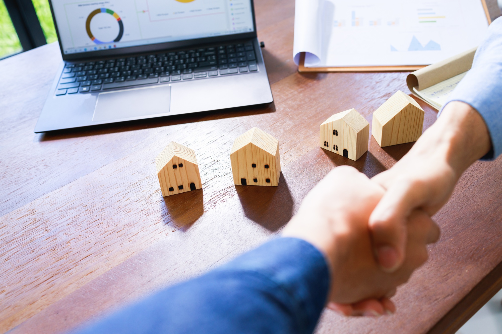 Successful agreement, estate, home buying contract. Real estate agent handshake, deal business